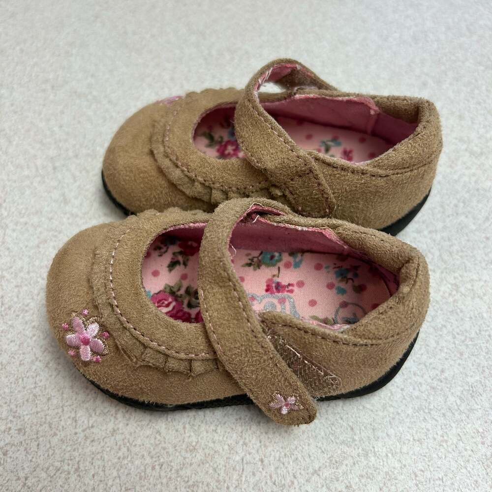 Teeny Toes Toddler Girls Brown Suede Floral Mary Jane Shoes